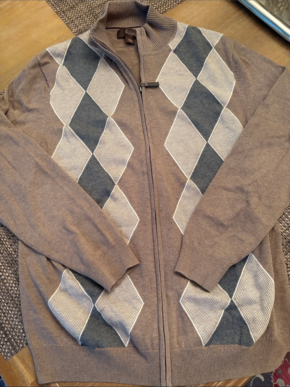 Tasso Elba Brown Argyle Zip-Up Sweater Large